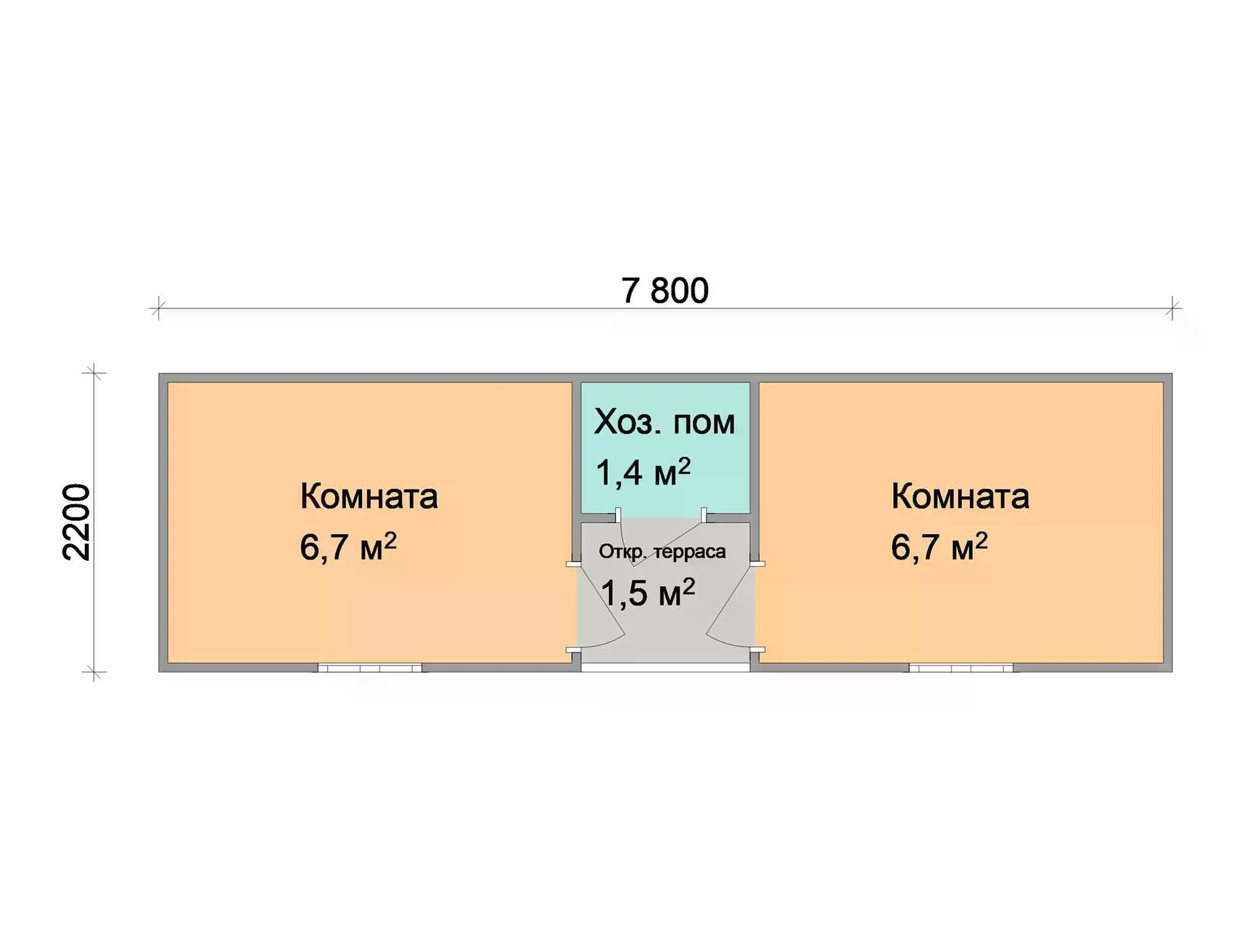 Дачная бытовка 2-комнатная «Лотос» 7.8×2.2 м с крыльцом — планировка